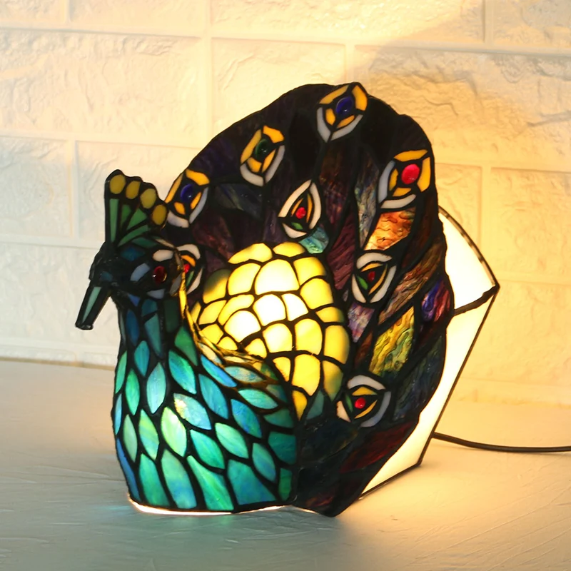 Blauwe nachtlamp met 1 kop, mediterrane glas--loodkunst, pauwvormige tafelverlichting Clearhalo