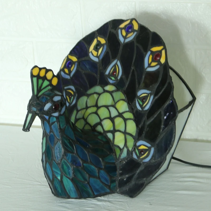 Blauwe nachtlamp met 1 kop, mediterrane glas--loodkunst, pauwvormige tafelverlichting Clearhalo