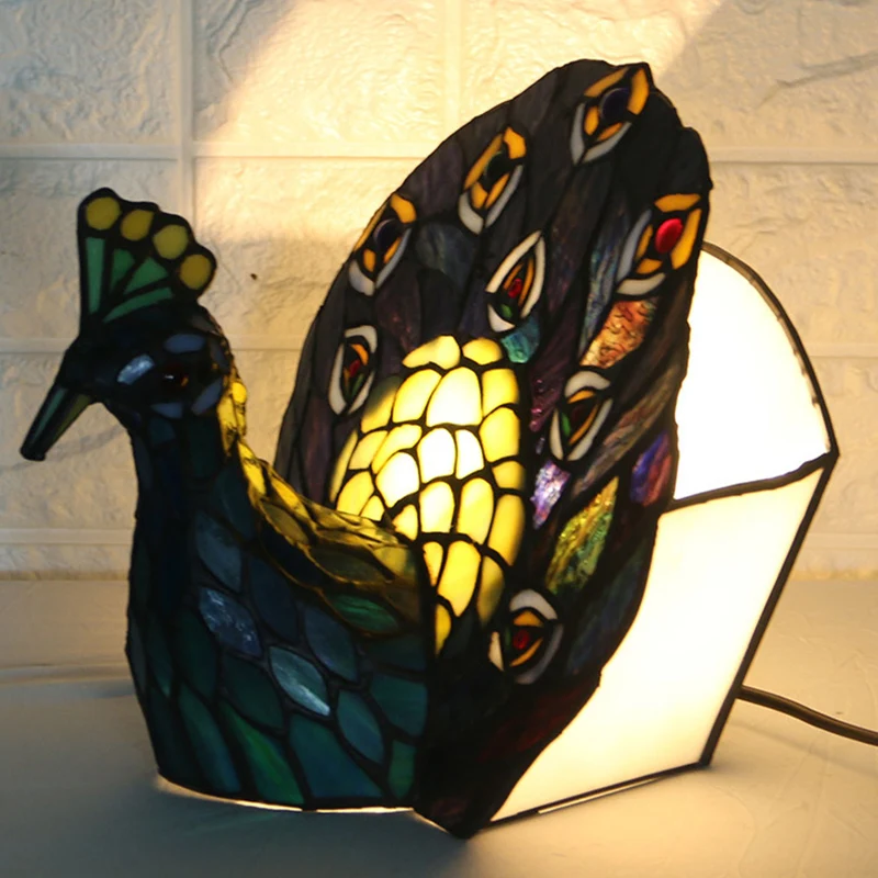 Blauwe nachtlamp met 1 kop, mediterrane glas--loodkunst, pauwvormige tafelverlichting Clearhalo