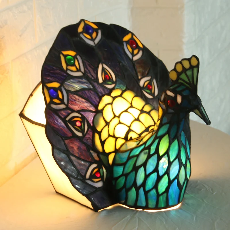 Blauwe nachtlamp met 1 kop, mediterrane glas--loodkunst, pauwvormige tafelverlichting Clearhalo