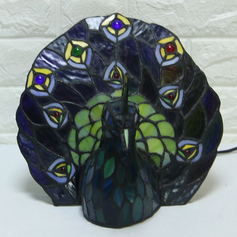 Blauwe nachtlamp met 1 kop, mediterrane glas--loodkunst, pauwvormige tafelverlichting Clearhalo
