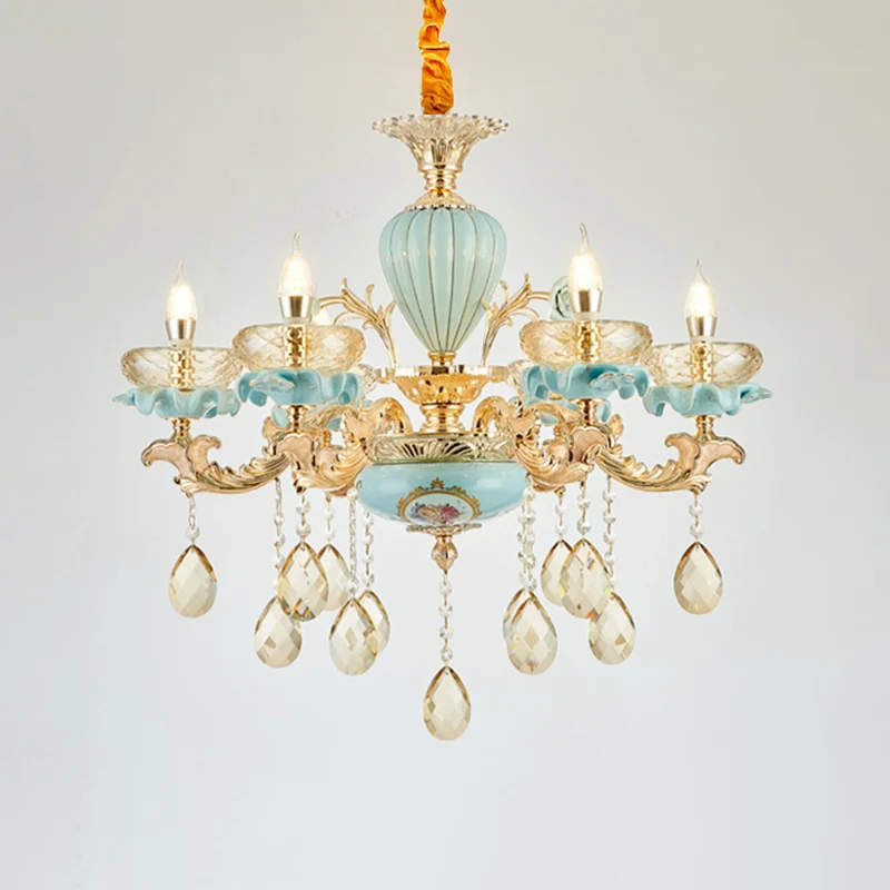 Blauwe oblaten hanglamp retro-stijl gefacetteerde kristallen woonkamerkroonluchter met draperend decor Clearhalo