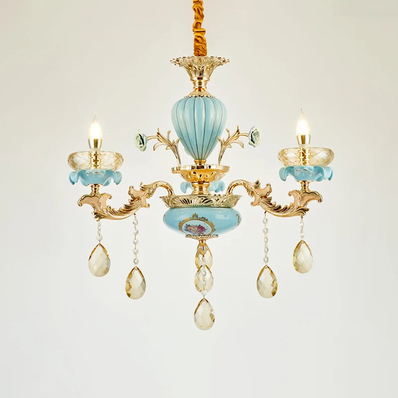Blauwe oblaten hanglamp retro-stijl gefacetteerde kristallen woonkamerkroonluchter met draperend decor Clearhalo