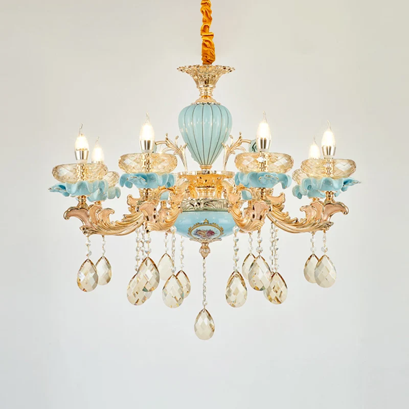 Blauwe oblaten hanglamp retro-stijl gefacetteerde kristallen woonkamerkroonluchter met draperend decor Clearhalo