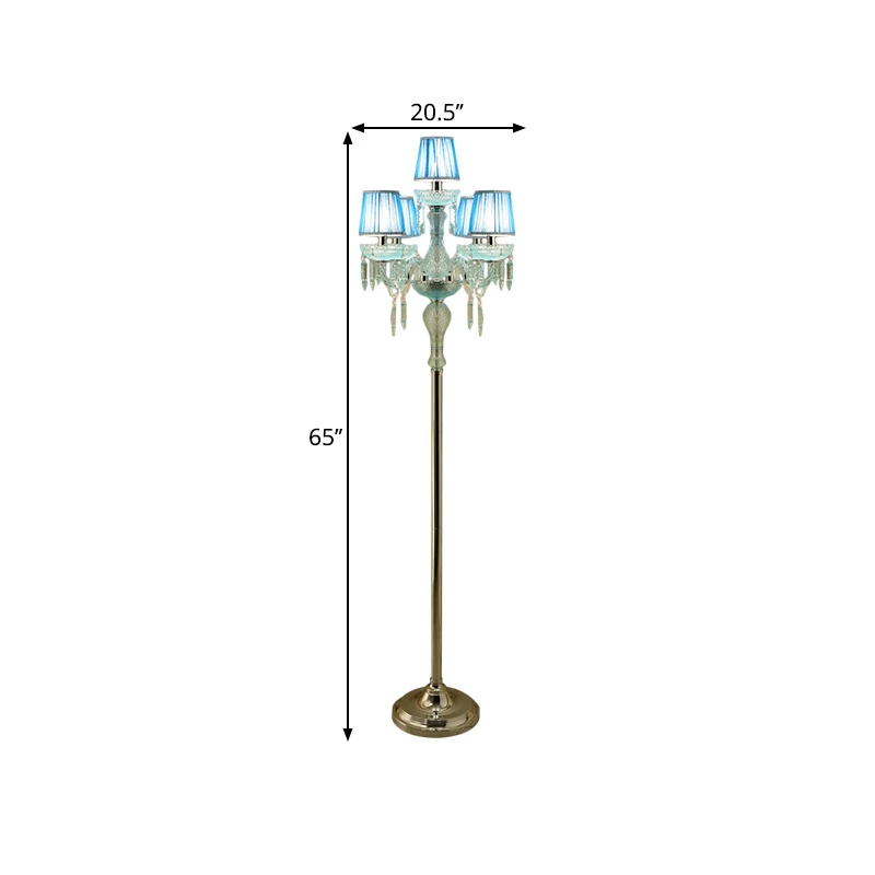Blauwe staande lamp met 5/6/7 lampen, traditionele kristallen kandelaar, leesvloerlamp met tonvormige geplooide kap Clearhalo