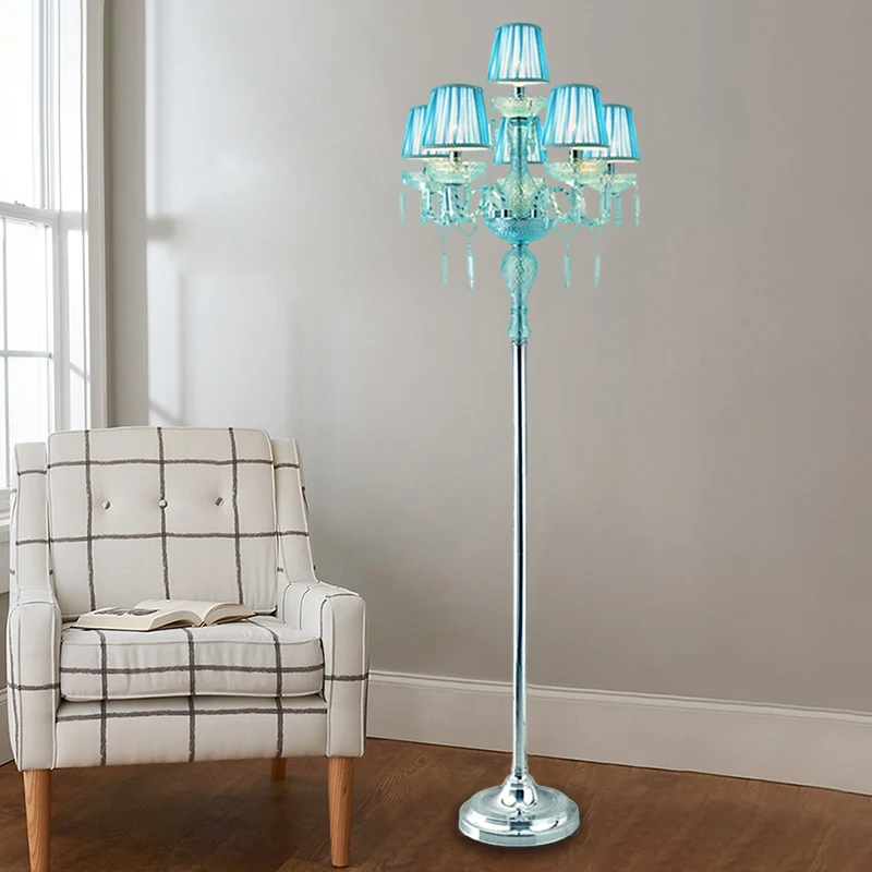 Blauwe staande lamp met 5/6/7 lampen, traditionele kristallen kandelaar, leesvloerlamp met tonvormige geplooide kap Clearhalo