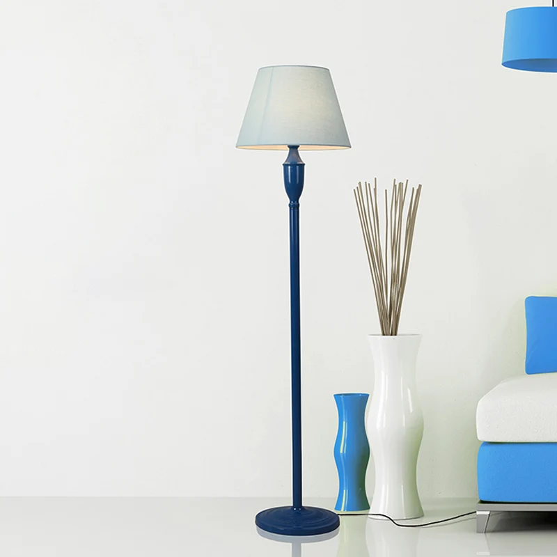 Blauwe staande lamp met 1 lamp, vintage stijl stoffen tonvormige vloerlamp voor slaapkamer Clearhalo