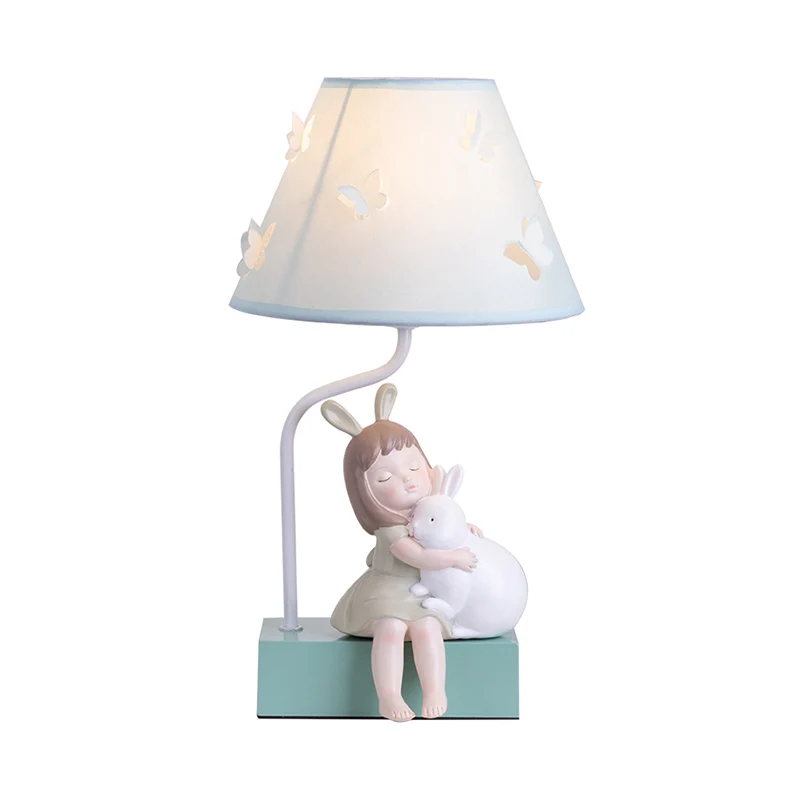 Blauwe taps toelopende nachtverlichting voor kinderen 1 nachtkastjelamp van lichte stof met decor van konijn en meisje Cle...