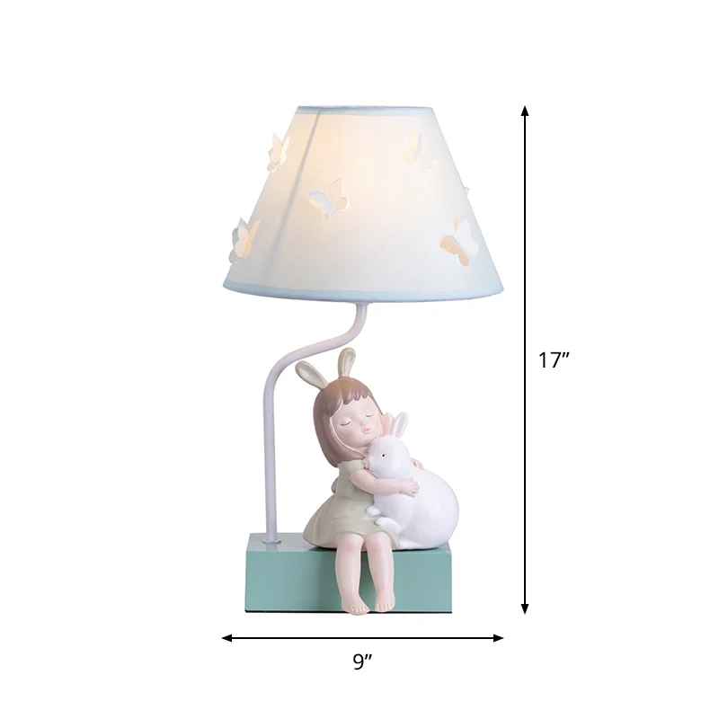 Blauwe taps toelopende nachtverlichting voor kinderen 1 nachtkastjelamp van lichte stof met decor van konijn en meisje Cle...