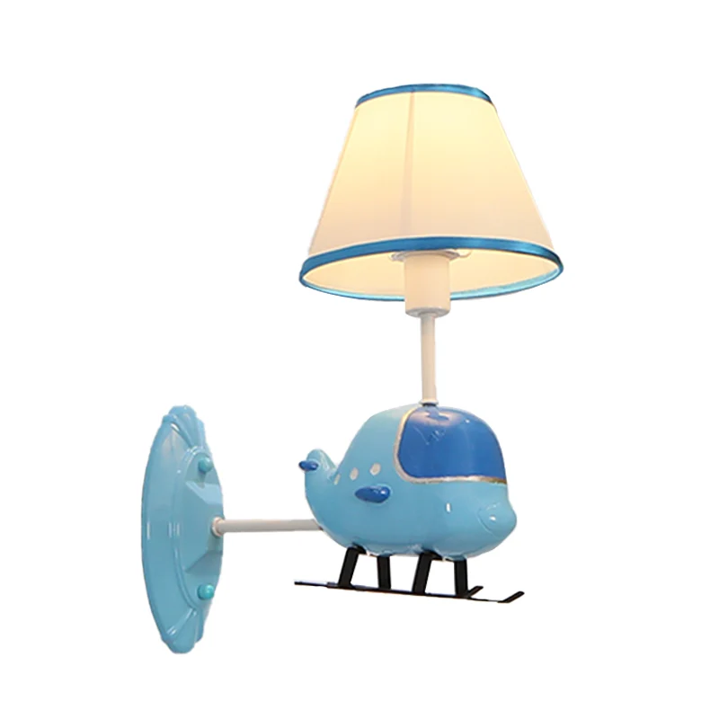 Blauwe vliegtuigvormige wandverlichting idee cartoon 1-kops hars wandlamp met stoffen kap Clearhalo