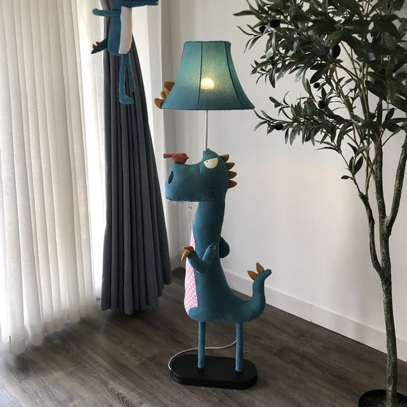 Blauwe zachte dinosaurus vloerlamp cartoon 1 lamp stof opstaande lamp met uitlopende kap Clearhalo