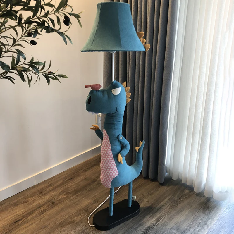 Blauwe zachte dinosaurus vloerlamp cartoon 1 lamp stof opstaande lamp met uitlopende kap Clearhalo