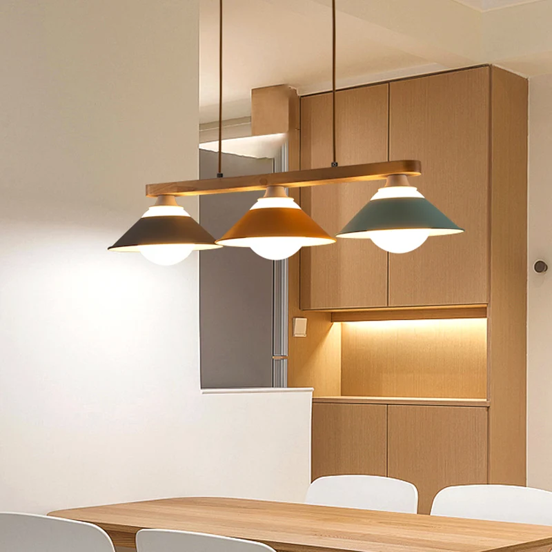 Blauw-grijs-gele Dosa Island-lamp Macaron 3-lichts ijzeren plafondhanglamp met houten staaf Clearhalo
