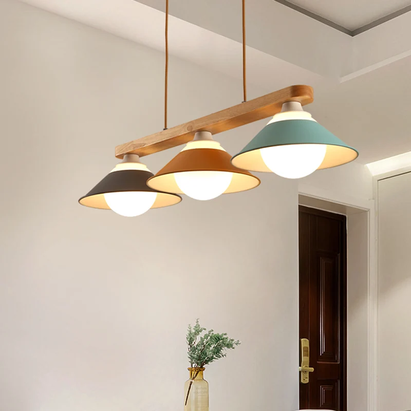 Blauw-grijs-gele Dosa Island-lamp Macaron 3-lichts ijzeren plafondhanglamp met houten staaf Clearhalo