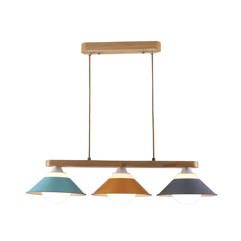 Blauw-grijs-gele Dosa Island-lamp Macaron 3-lichts ijzeren plafondhanglamp met houten staaf Clearhalo