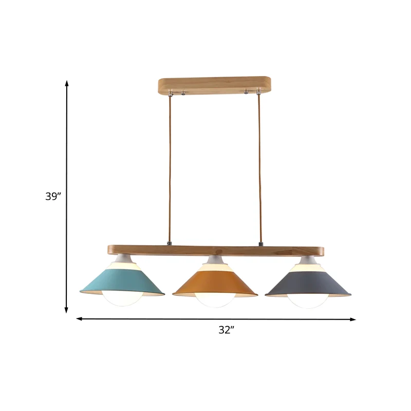 Blauw-grijs-gele Dosa Island-lamp Macaron 3-lichts ijzeren plafondhanglamp met houten staaf Clearhalo