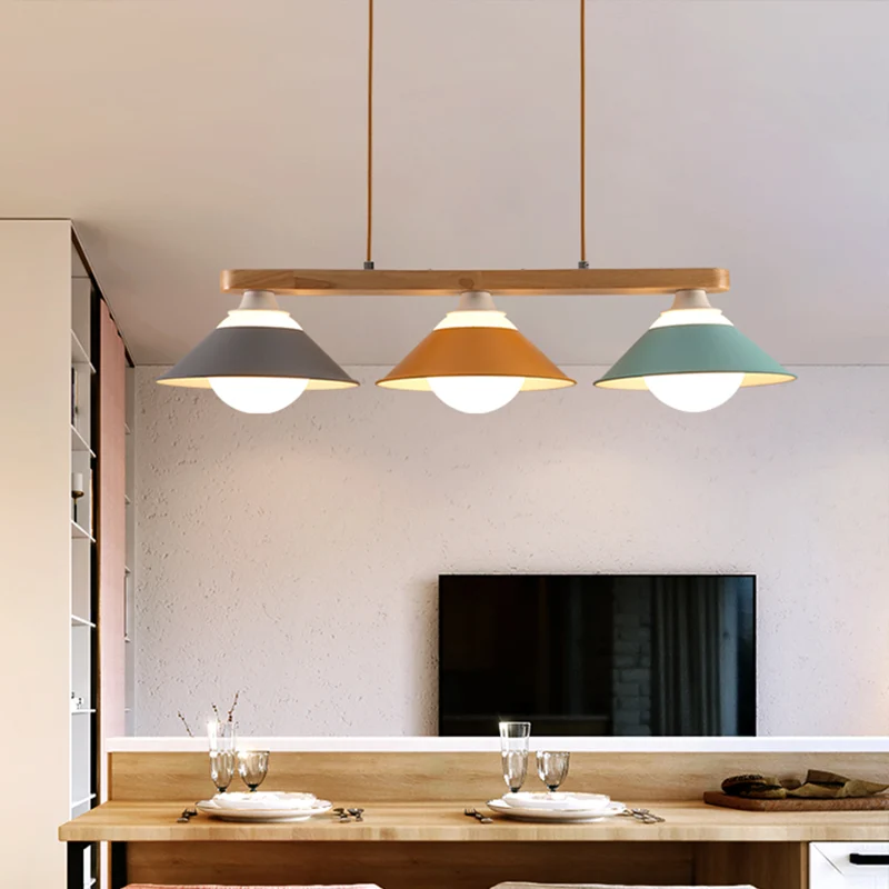 Blauw-grijs-gele Dosa Island-lamp Macaron 3-lichts ijzeren plafondhanglamp met houten staaf Clearhalo