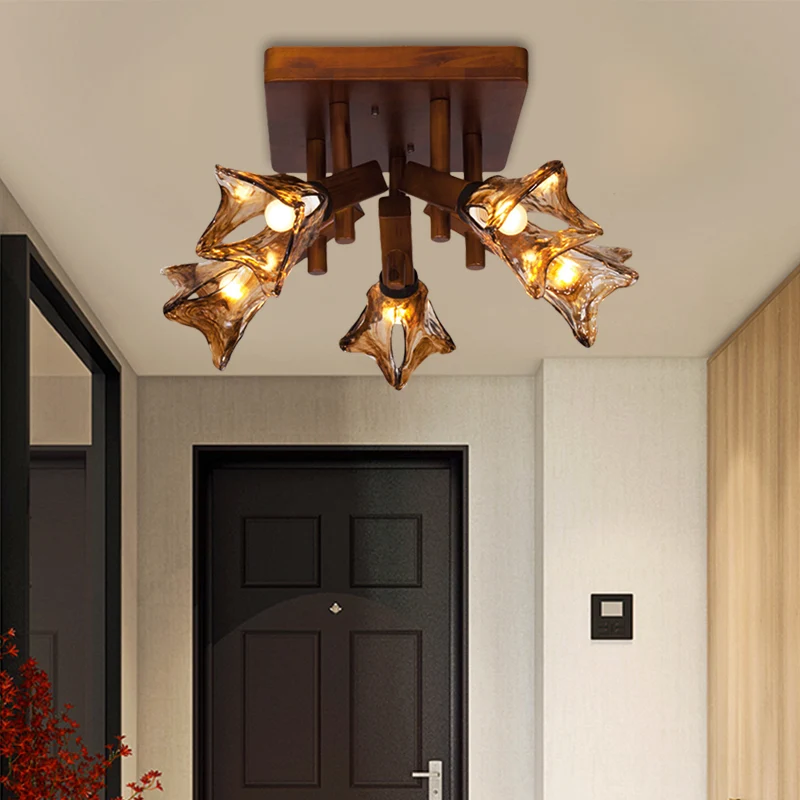Bloem Eetkamer Semi Flush Licht Rustiek Glas 3/5/8 Lichten Rood Bruin Plafondlamp Clearhalo