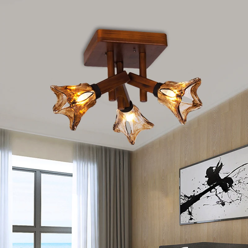 Bloem Eetkamer Semi Flush Licht Rustiek Glas 3/5/8 Lichten Rood Bruin Plafondlamp Clearhalo