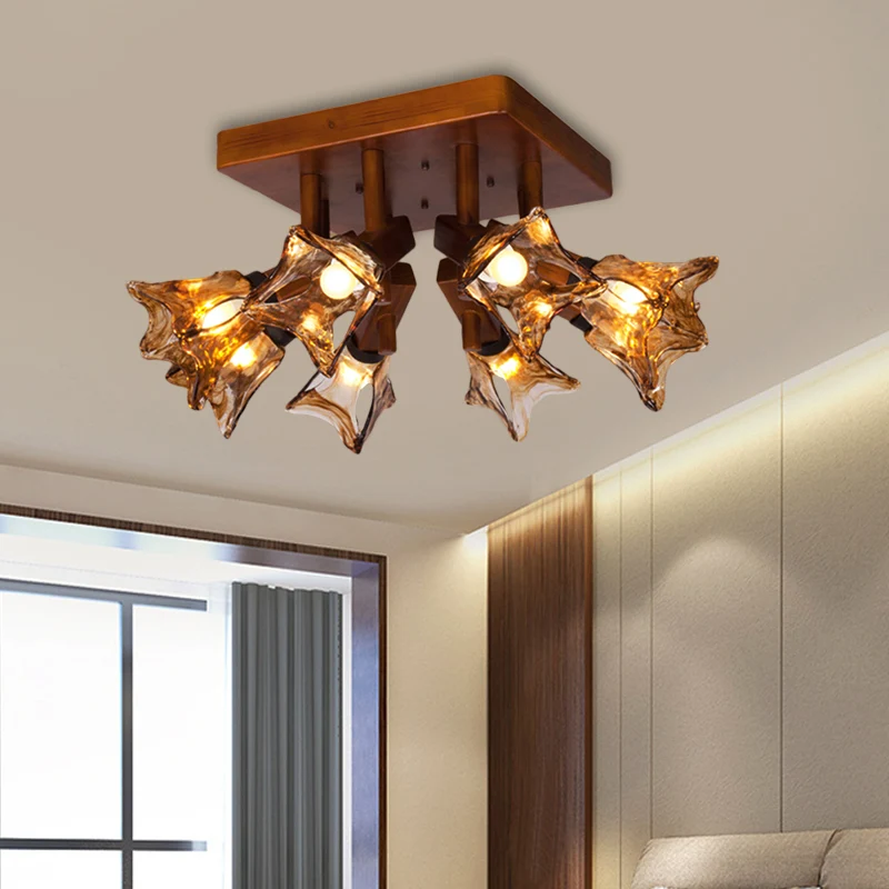 Bloem Eetkamer Semi Flush Licht Rustiek Glas 3/5/8 Lichten Rood Bruin Plafondlamp Clearhalo