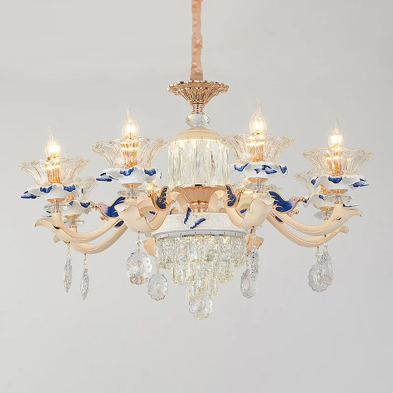 Bloem geribbelde glazen hanglamp Retro stijl woonkamer kroonluchter licht met kristallen drapering wit Clearhalo