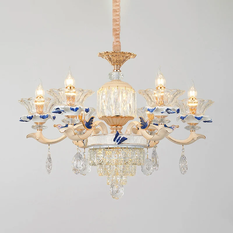 Bloem geribbelde glazen hanglamp Retro stijl woonkamer kroonluchter licht met kristallen drapering wit Clearhalo