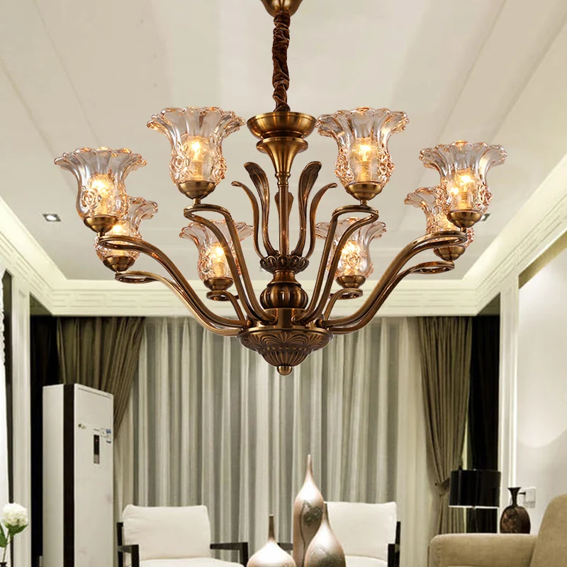 Bloem helder glazen hangende kroonluchter landelijk 3/6/8 hoofden woonkamer hangende plafondlamp messing met vertakkingson...