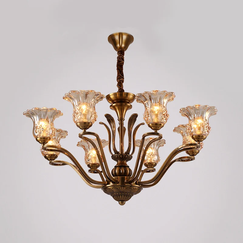 Bloem helder glazen hangende kroonluchter landelijk 3/6/8 hoofden woonkamer hangende plafondlamp messing met vertakkingson...