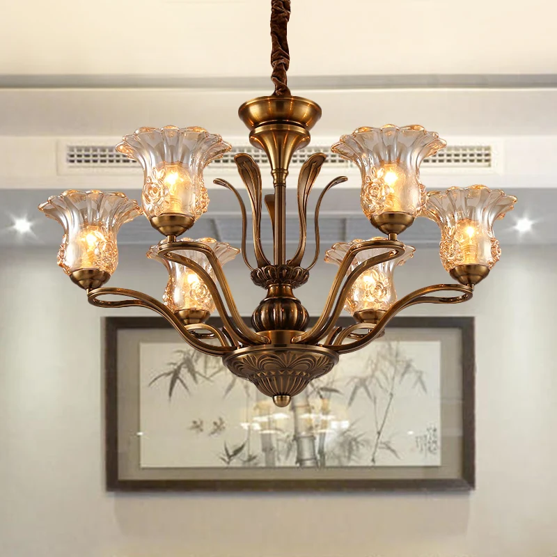 Bloem helder glazen hangende kroonluchter landelijk 3/6/8 hoofden woonkamer hangende plafondlamp messing met vertakkingson...