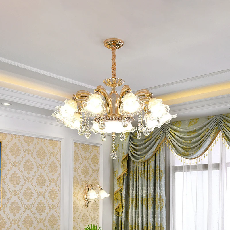 Bloem helder glazen hanglamp traditionele 8-kops woonkamer kroonluchter verlichting goud Clearhalo