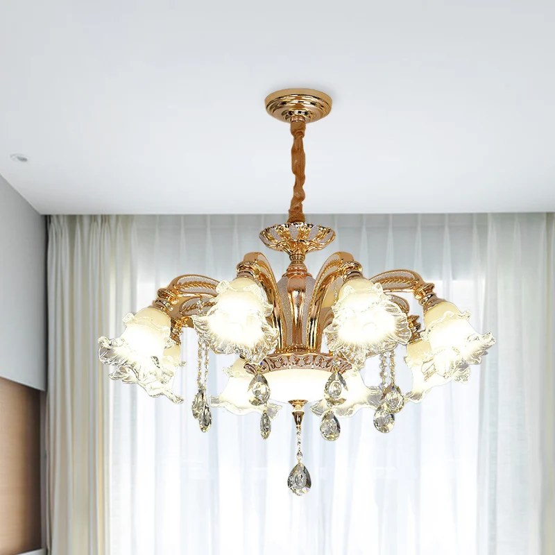 Bloem helder glazen hanglamp traditionele 8-kops woonkamer kroonluchter verlichting goud Clearhalo
