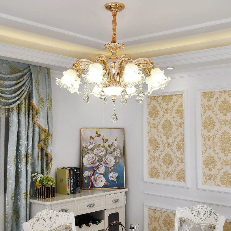 Bloem helder glazen hanglamp traditionele 8-kops woonkamer kroonluchter verlichting goud Clearhalo