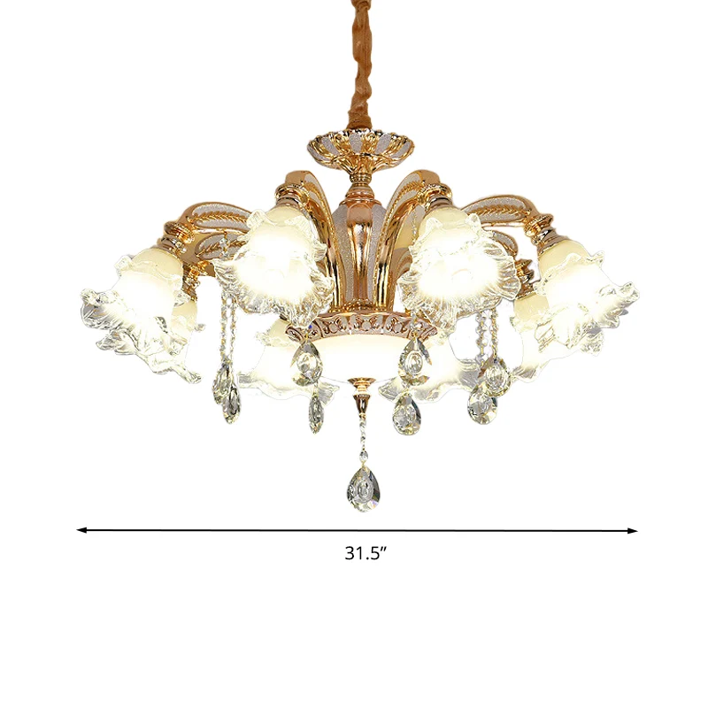 Bloem helder glazen hanglamp traditionele 8-kops woonkamer kroonluchter verlichting goud Clearhalo