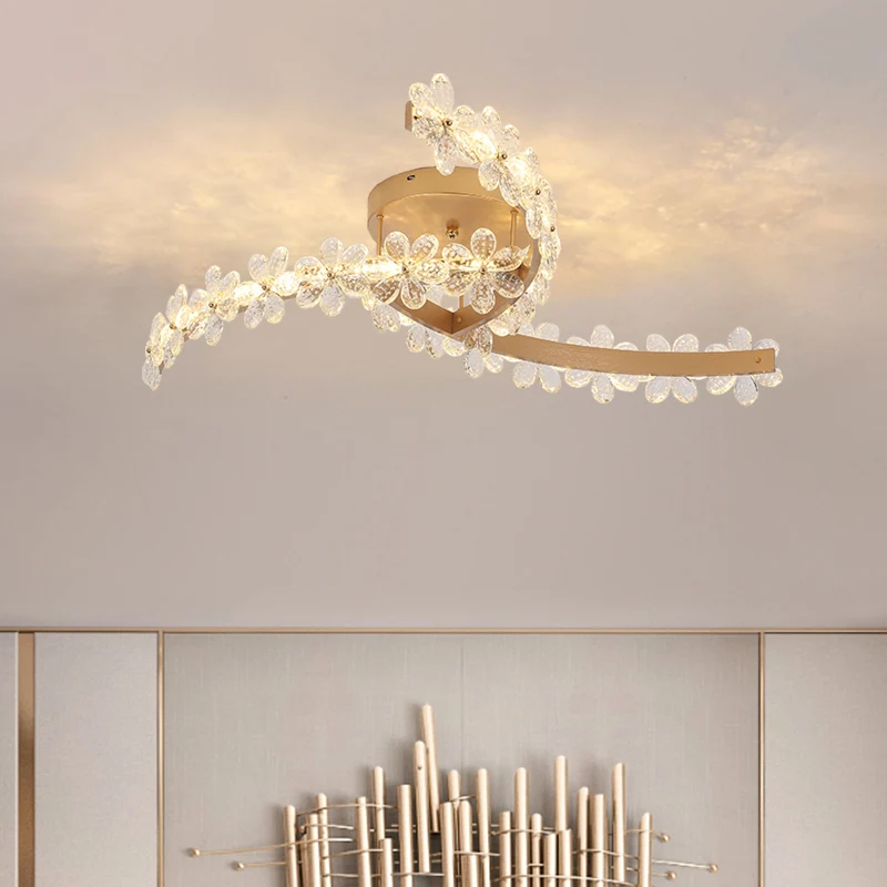 Bloem Kristallen Windmolen Semi Mount Verlichting Eigentijds LED Goud Dicht bij Plafondlamp Clearhalo