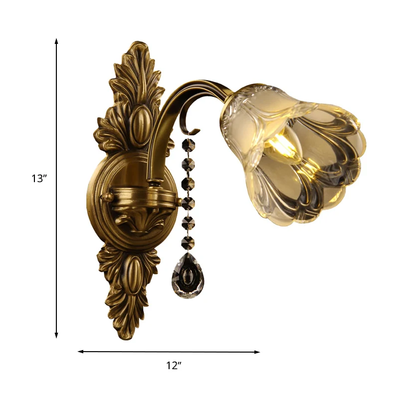 Bloem matglazen wandmontagelamp Traditionele 1-slaapkamer schanslamp messing Clearhalo