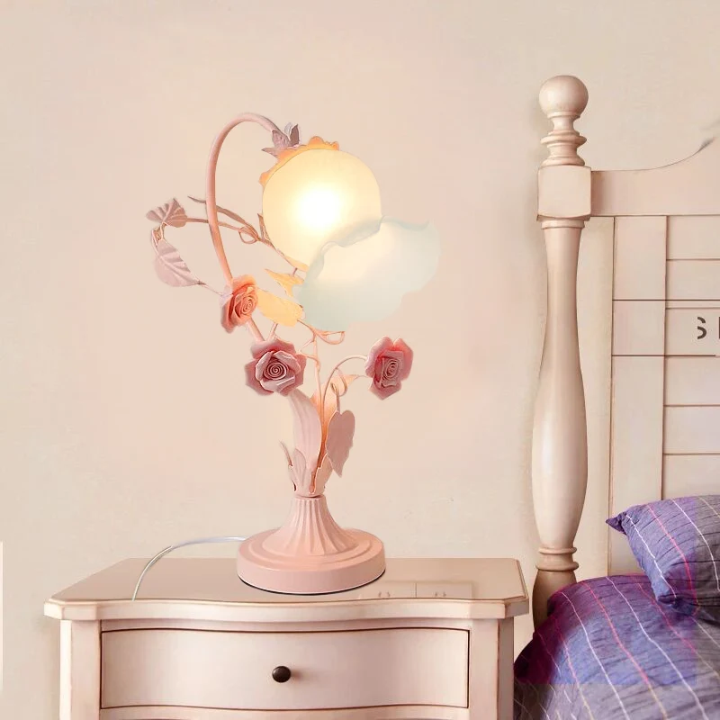 Bloem Slaapkamer Tafellamp Platteland Opaal Matglas 1 Kop Roze Nachtkastje Lamp Clearhalo