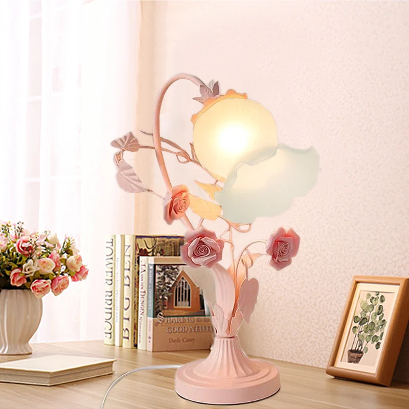 Bloem Slaapkamer Tafellamp Platteland Opaal Matglas 1 Kop Roze Nachtkastje Lamp Clearhalo