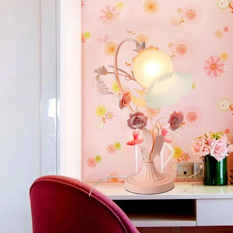 Bloem Slaapkamer Tafellamp Platteland Opaal Matglas 1 Kop Roze Nachtkastje Lamp Clearhalo