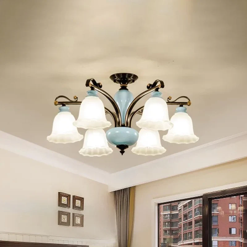 Bloem wit glas halfverzonken plafondlamp Traditionele 6/8 Hoofden Slaapkamer Inbouwlamp Clearhalo