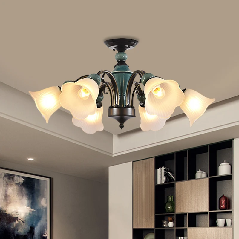 Bloemblaadje Woonkamer Semi-inbouwlamp Landelijke stijl 3/5/6 lampen Zwarte afwerking Plafondverlichting met duikarm Clear...