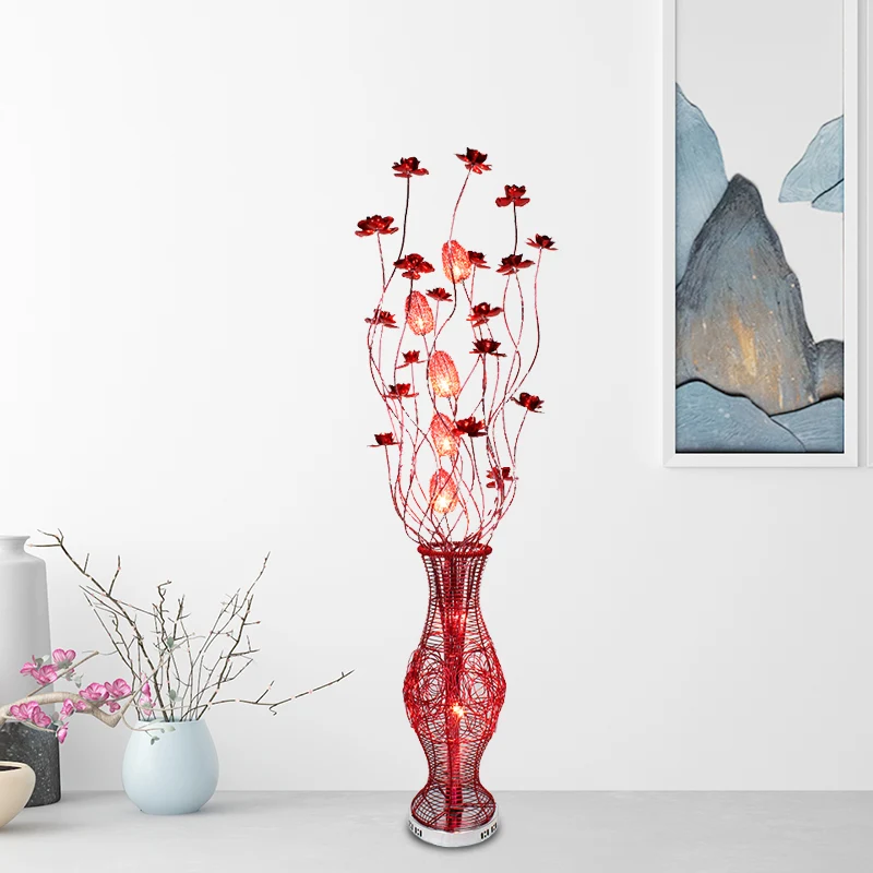 Bloemen aluminium bochtige lineaire vloerlamp decoratieve slaapkamer LED staande lamp met urnvoetstuk rood Clearhalo