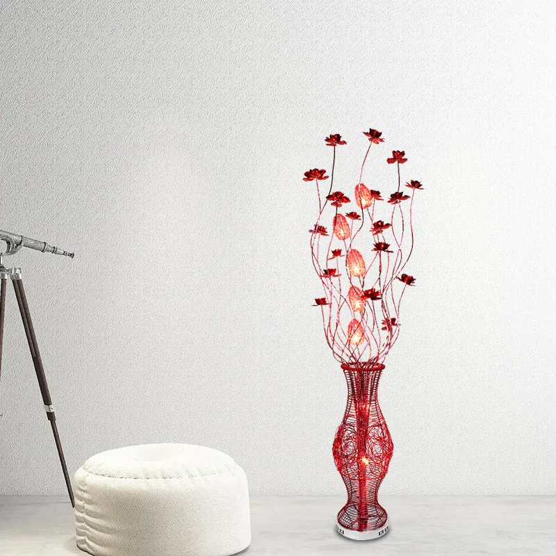 Bloemen aluminium bochtige lineaire vloerlamp decoratieve slaapkamer LED staande lamp met urnvoetstuk rood Clearhalo