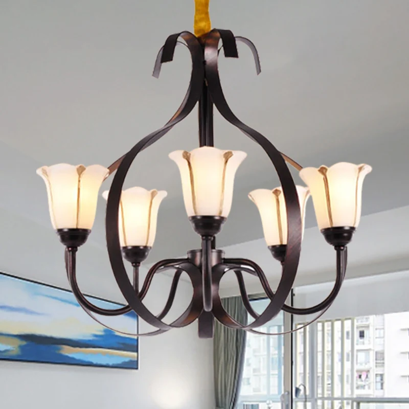 Bloemen eetkamer hanglamp melkglas 3/5/8 koppen moderne stijl kroonluchter verlichtingsarmatuur roodbruin Clearhalo