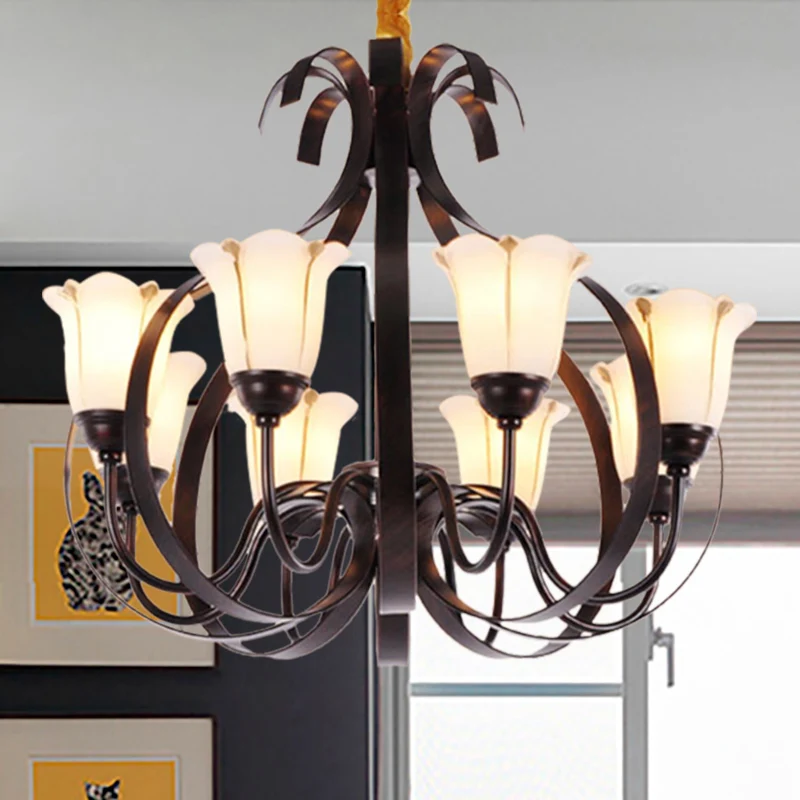 Bloemen eetkamer hanglamp melkglas 3/5/8 koppen moderne stijl kroonluchter verlichtingsarmatuur roodbruin Clearhalo