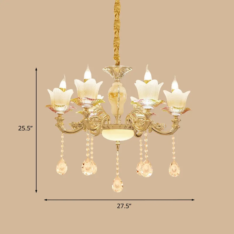 Bloemen familiekamer plafondkroonluchter antiek wit glas 6-koppige gouden hangende lamp Clearhalo