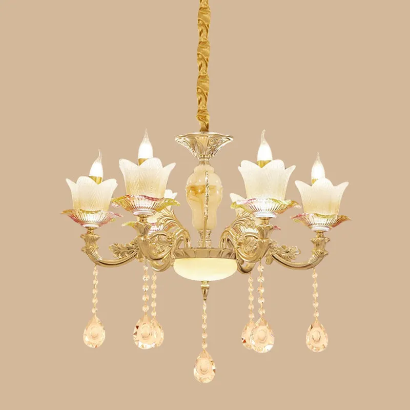 Bloemen familiekamer plafondkroonluchter antiek wit glas 6-koppige gouden hangende lamp Clearhalo
