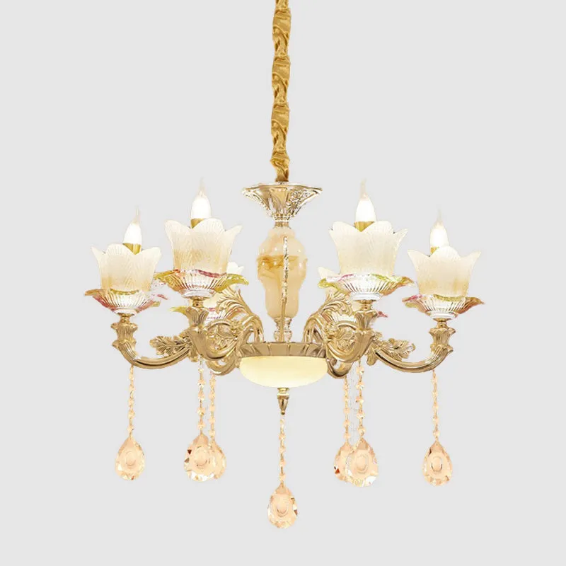 Bloemen familiekamer plafondkroonluchter antiek wit glas 6-koppige gouden hangende lamp Clearhalo