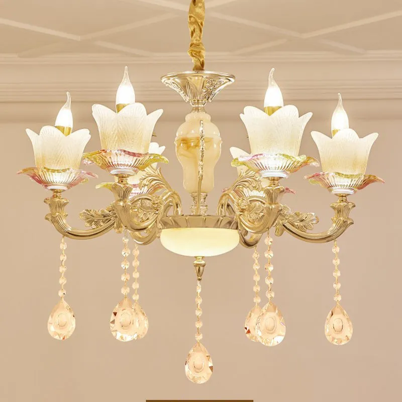 Bloemen familiekamer plafondkroonluchter antiek wit glas 6-koppige gouden hangende lamp Clearhalo