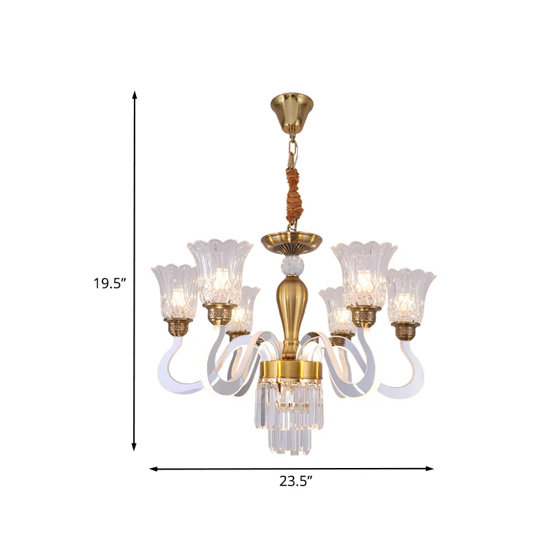 Bloemen slaapkamer kroonluchter lamp modern kristal 6 lampen gouden hangende hanger met acryl arm Clearhalo