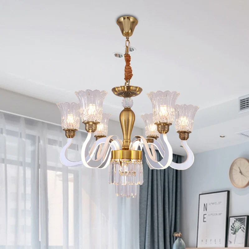 Bloemen slaapkamer kroonluchter lamp modern kristal 6 lampen gouden hangende hanger met acryl arm Clearhalo